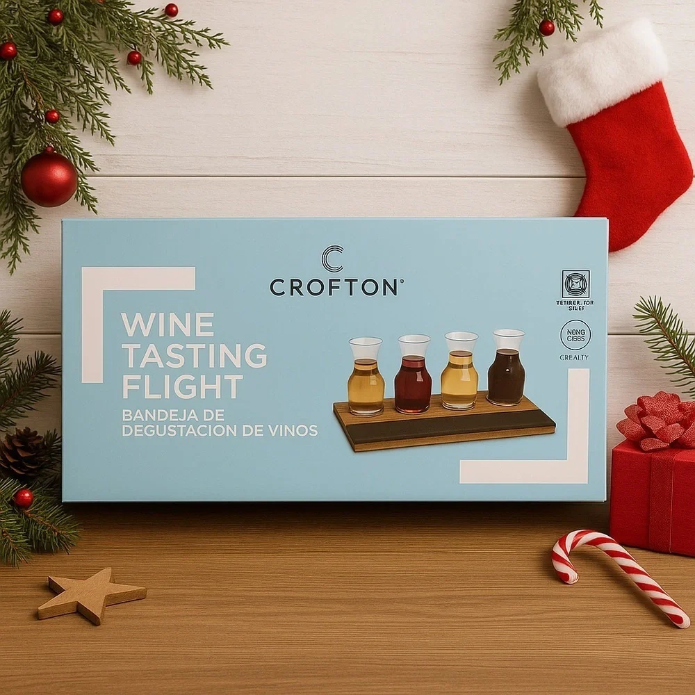 Crofton Wine Tasting Flight Set 4 Wine Glasses Wooden Board Chalk Party Games